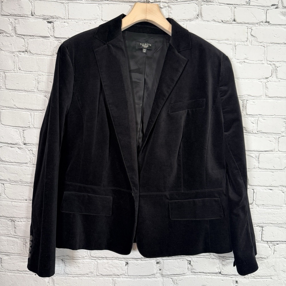 Talbots Women Velvet Blazer Jacket Size 24W Black 1 Button Stretch Preppy Office